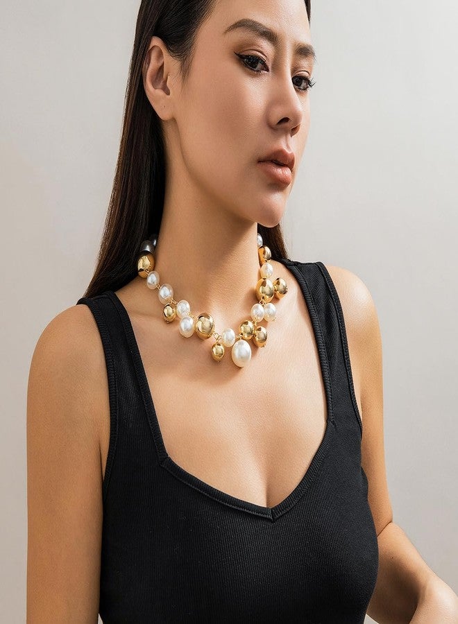 Cicod Large Pearl Necklace for Women,Dainty 14K Gold Plated Big Pearl Choker Necklace for Prom Wedding Bridal Bridesmaid Jewelry Gifts (Chunky Gold) - Image 2